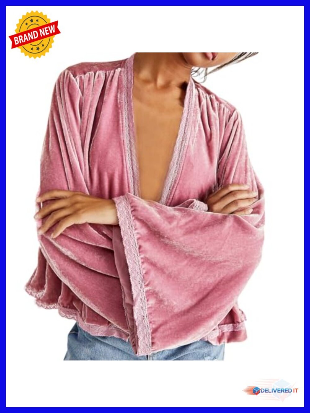 Velvet Kimono Cardigan Lace Trim Bell Sleeve Tie Front Loose Fit Women's Jacket